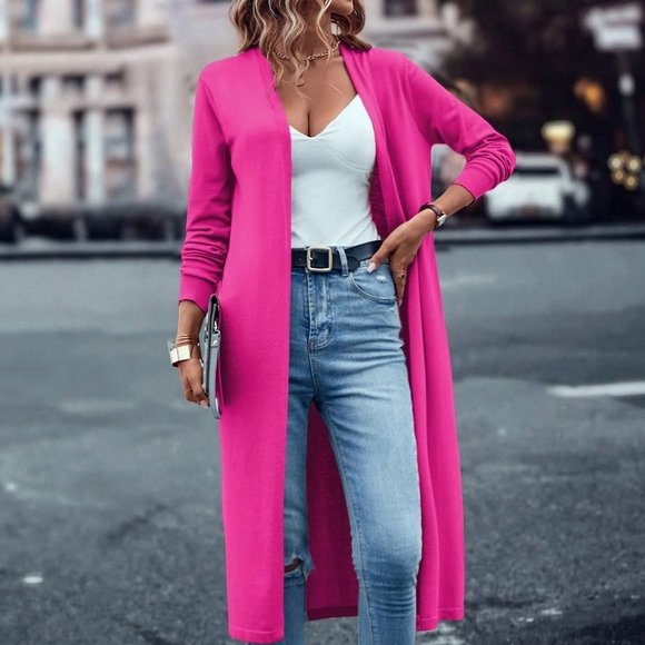 Hot Pink Casual Womens Solid Open Front Cardigan - Picture 3 of 5